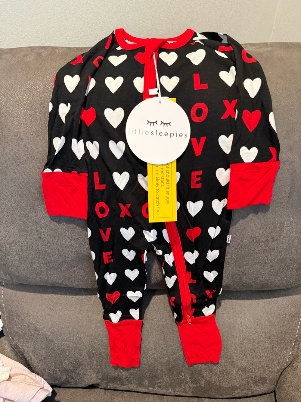 Little Sleepies Black, Red & White Heart 'LOVE' Zip Footie